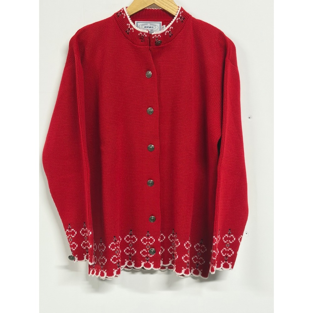 Vintage Jersild Red Wool Fair Isle Cardigan Sweater Pewter Buttons Size 42